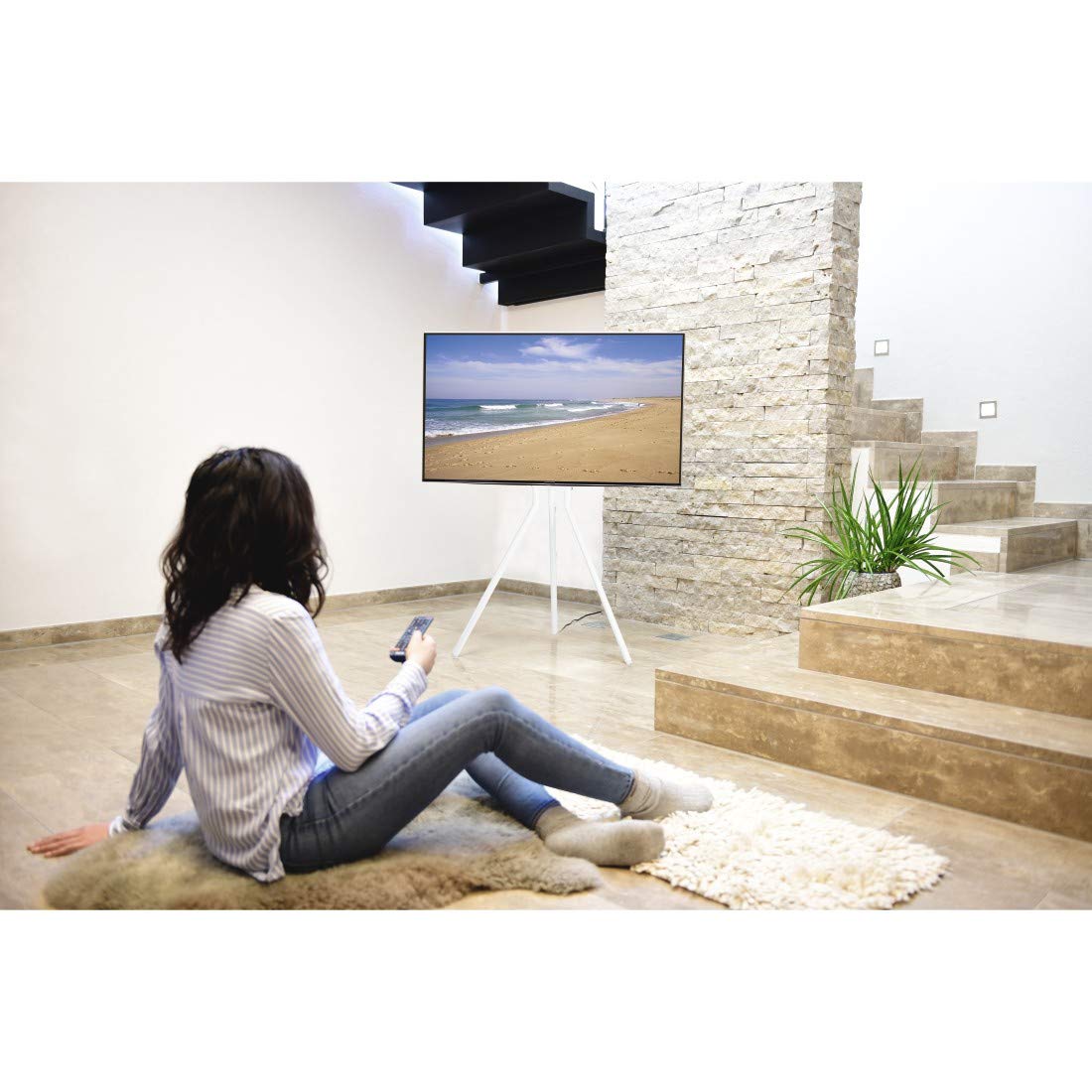 Hama TV Ständer im Staffelei Design (Stabiler Fernsehständer für 37-75 Zoll, höhenverstellbarer TV Stand als Tripod, kompaktes TV Stativ, VESA kompatibler Bodenständer) weiß