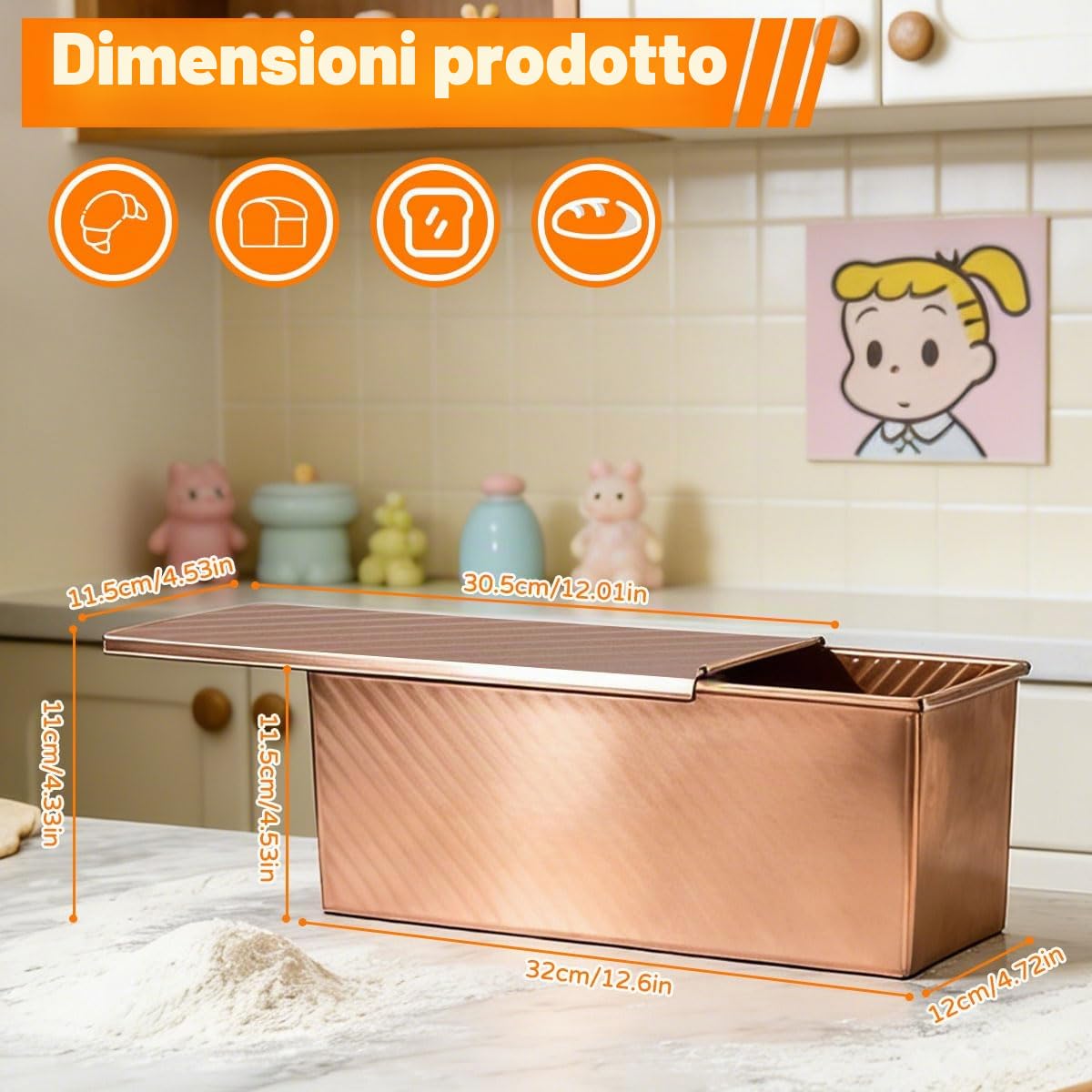 Stampo per Pane Tostato con Coperchio 32x12x11,5cm Teglia Antiaderente per Pane Tostato in Acciaio al Carbonio Stampo Pane in Cassetta con Fori di Ventilazione per Pane Toast e Torte, Oro