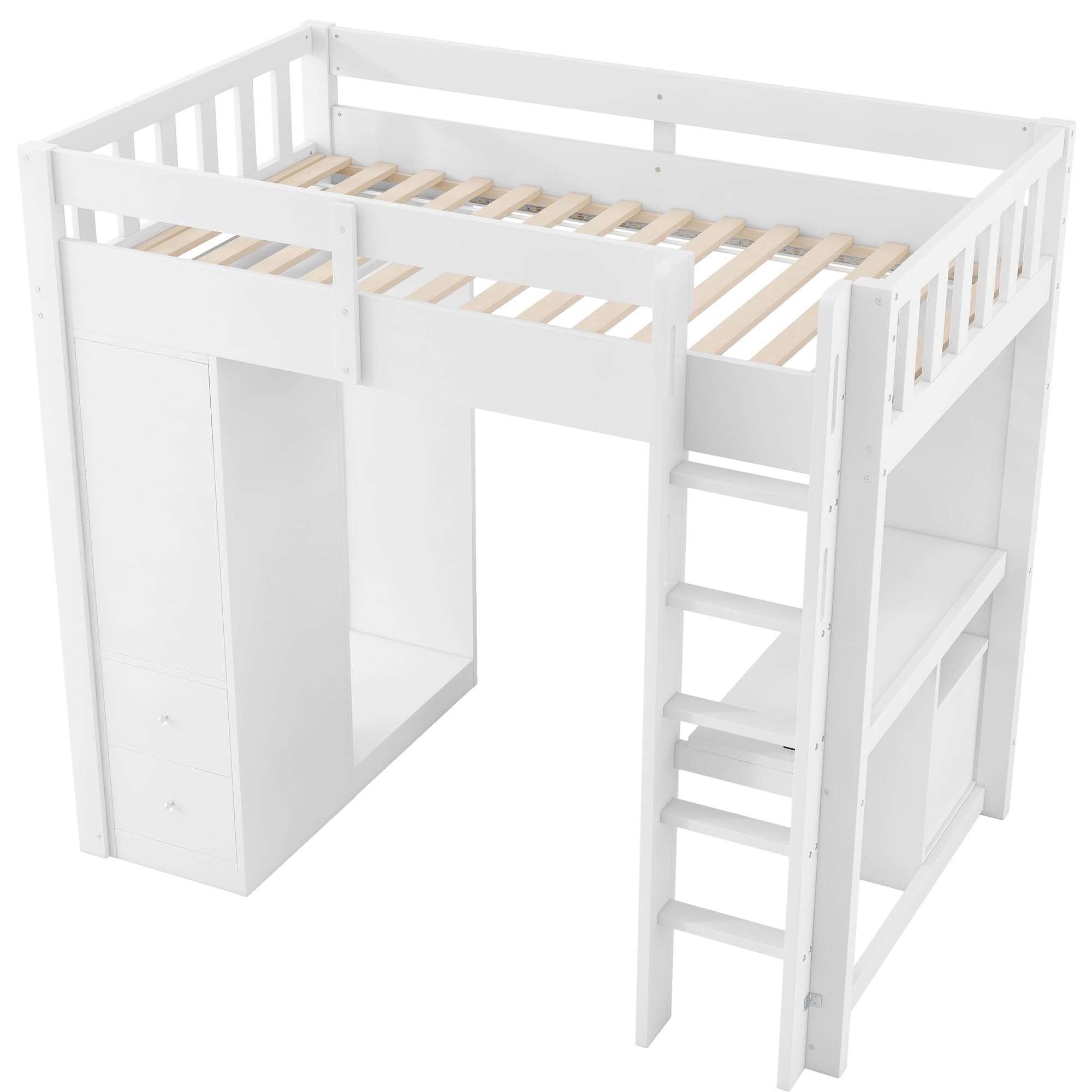Letto a soppalco 90 x 200 cm, con 4 cassetti e 1 armadietto, sotto il letto, armadio aperto, luce LED e USB, bianco (90 x 200 cm)