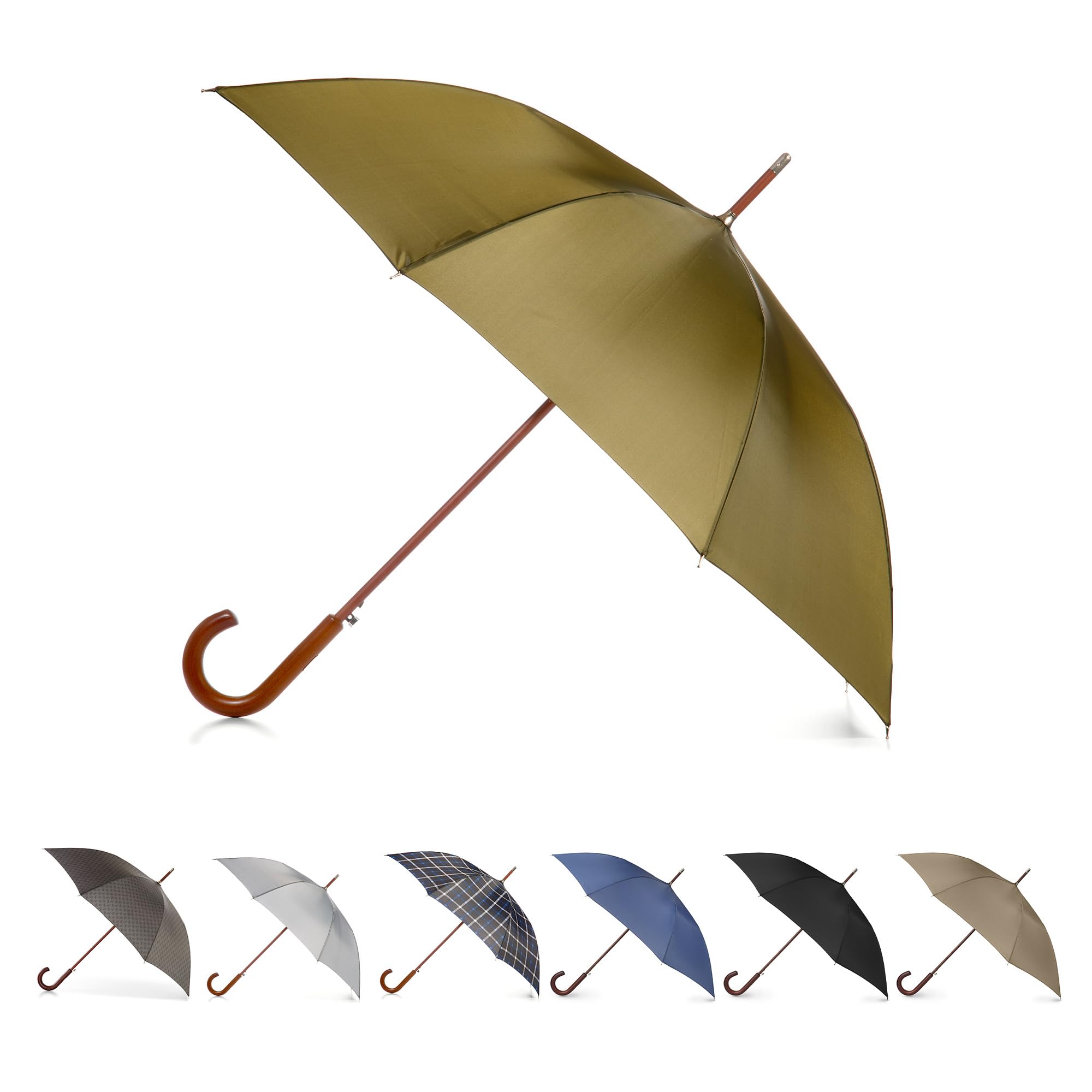 Totes Eco Auto Open Umbrella Classic Wooden J Stick Handle with Easy Grip - Windproof, Rainproof and Durable Canopy Design – Versatile Travel, Perfect for Rainy Days