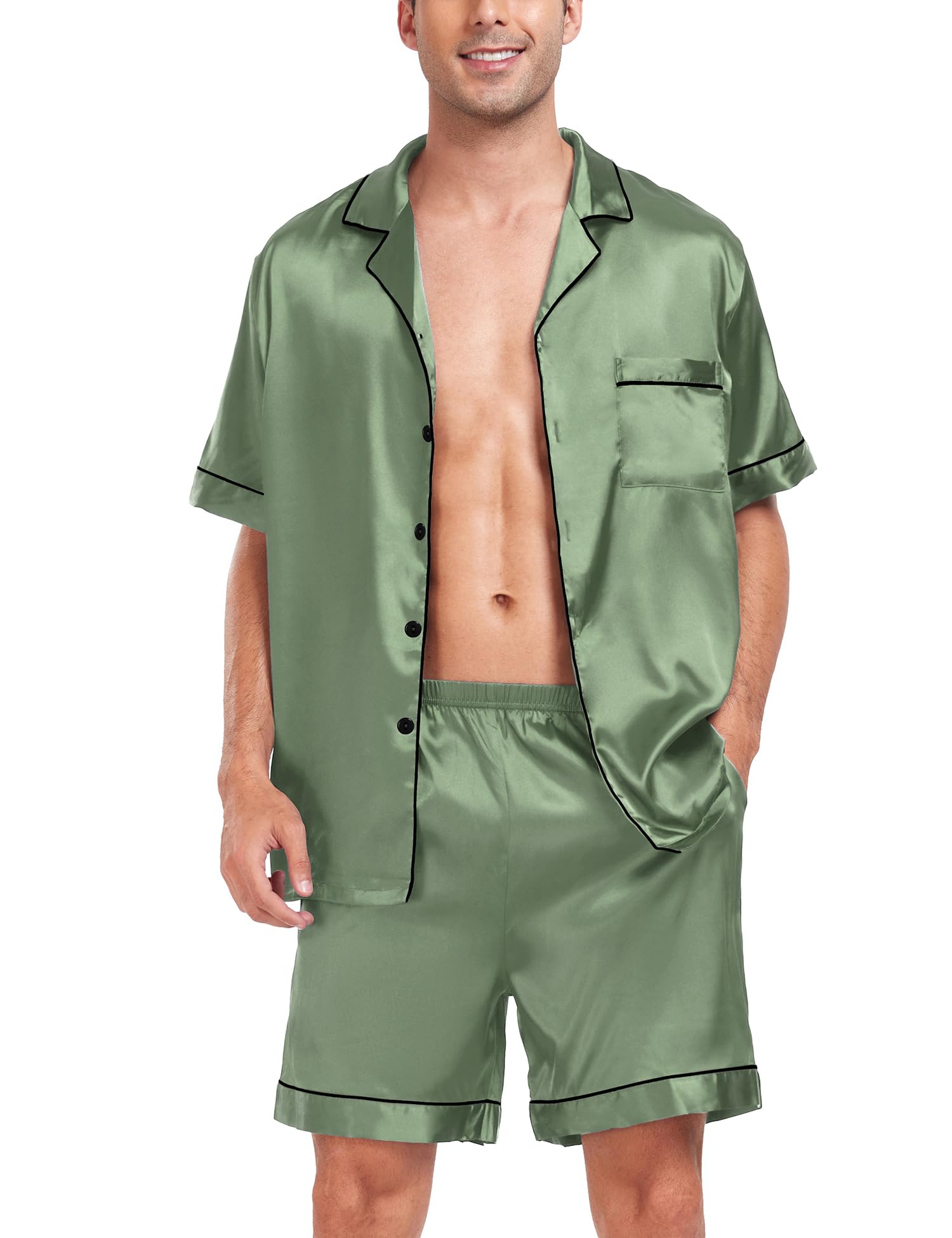 SWOMOG Men Satin Silk Pajamas Sets Short Sleeve Sleepwear Button-Down PJs Sets Two-Pieces Loungewear with Pockets
