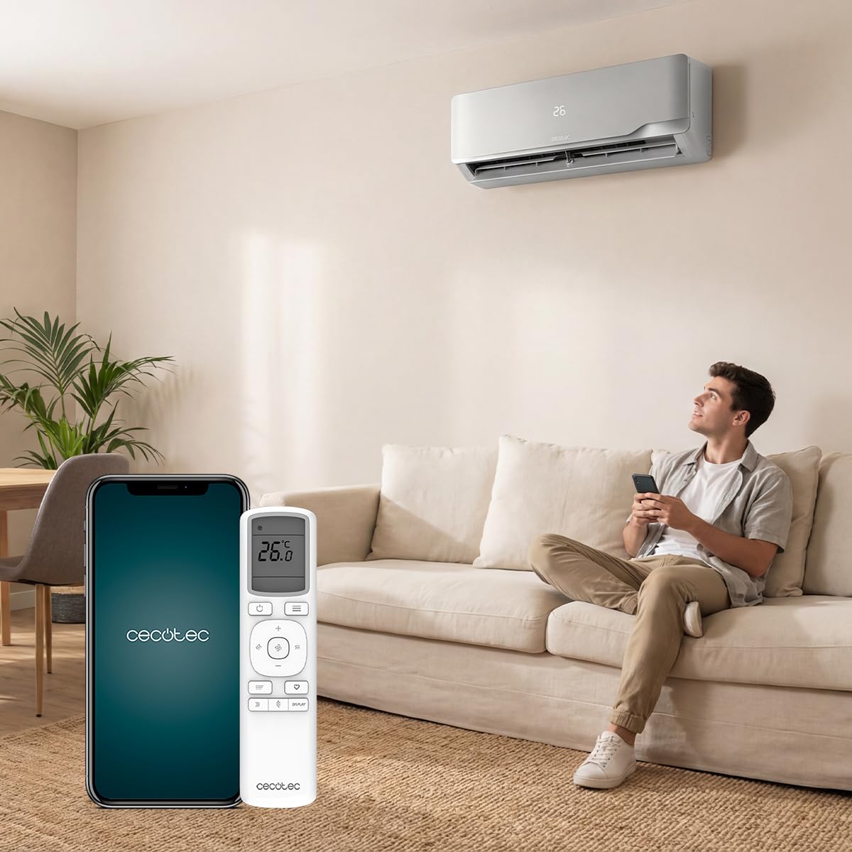 Cecotec Climatiseur Split AirClima 12000 Wind Connected Inverter, 12000 BTU, pompe à chaleur, 5 modes, classe A++, déshumidificateur 21,6 l/jour, écran LED, minuterie 24h, filtre lavable