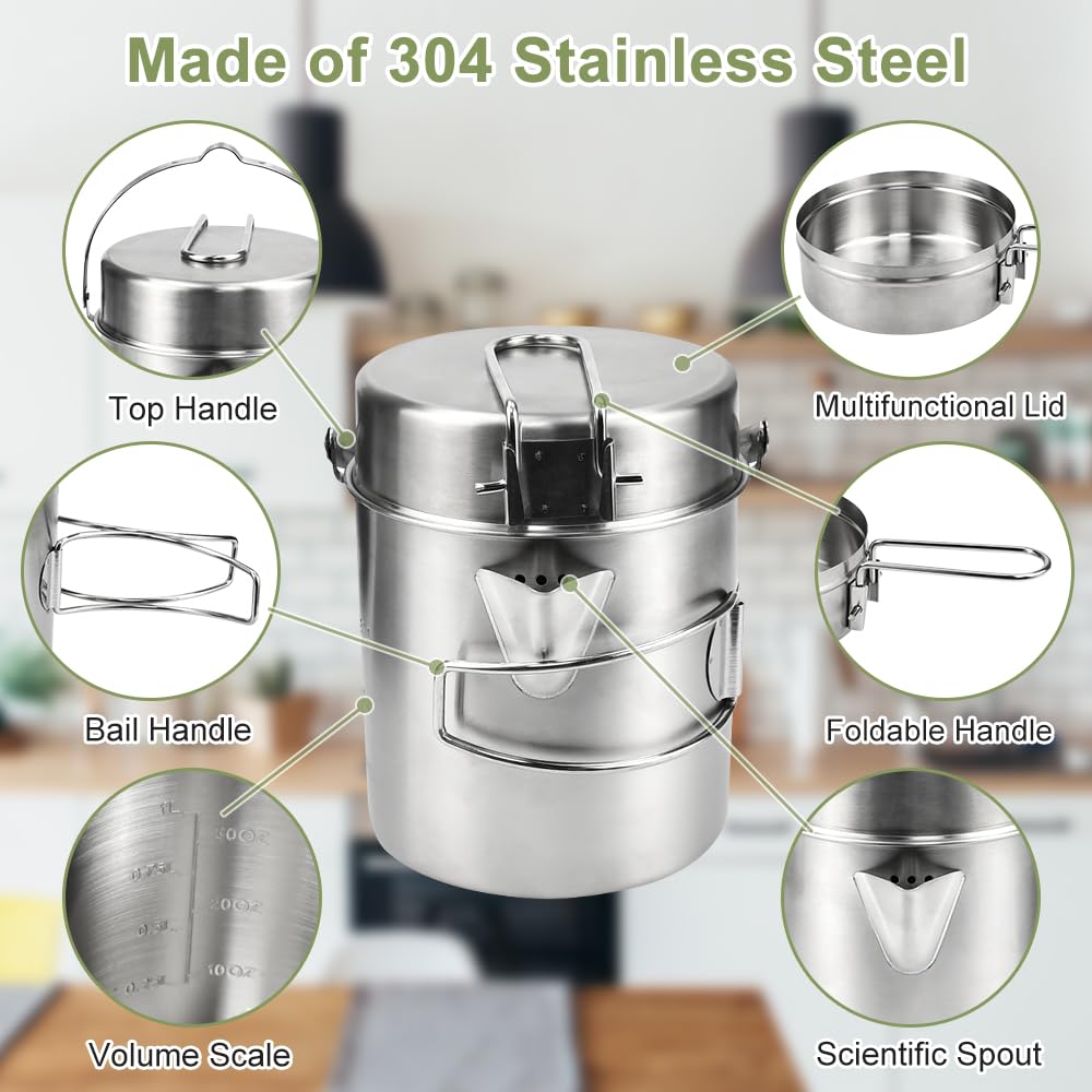 LANSKYLAN Casserole Camping 15.5x11cm, Popote Randonnée en Acier INOX, Popote Camping avec Poignée Pliable, Casserole de Randonnée 1-2 Personnes, Popote Bivouac Portable, pour Cuisson Pique-Nique