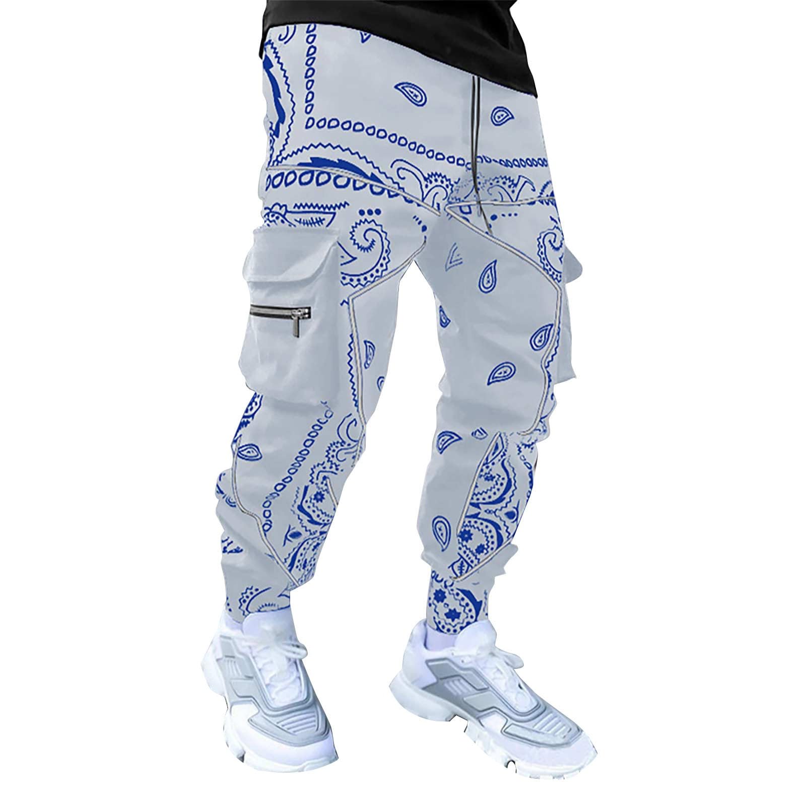 BUKKNYE Men's Hippie Harem Pants Baggy Boho Patterned Low Crotch Lounge Wide Leg Trousers for Yoga Summer Beach Pants(White,L)