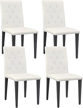 White Dining Chairs Set of 4, Faux Leather, Black Metal Legs