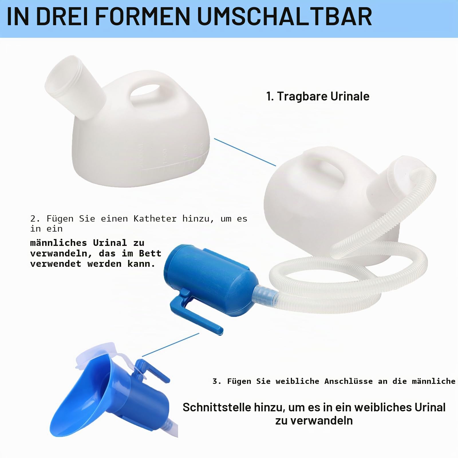2000ML Urinflaschen Unisex mit Halterung, Auslaufsicherer Deckel und Schlauch, Tragbare Urinalflasche für Männer Frauen mit Reinigungsbürste für Behinderte, ältere, Auto, Camping, Weiß