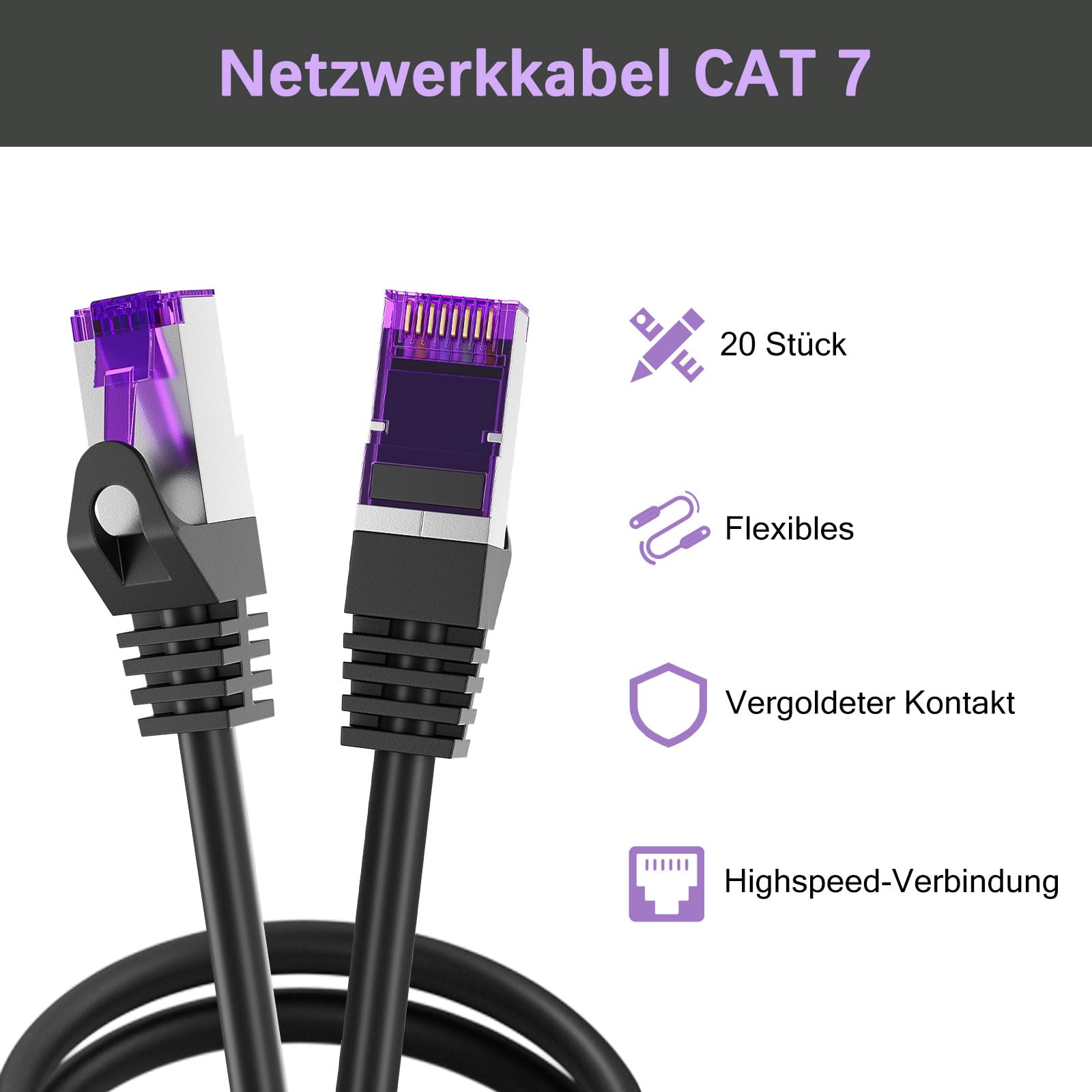 FGB Câble patch 10 Gbit/s 0,5 m x 20, câble réseau RJ45 CAT 7 - Noir | Câble Ethernet SFTP PIMF en cuivre - 50 cm - Organisation d'armoire réseau - Câble LAN DSL court CAT7 CAT6 CAT5