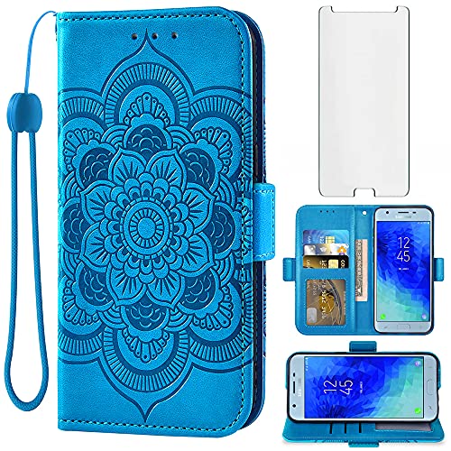 Compatible with Samsung Galaxy J3 Orbit J 3 Star 2018 3J Achieve Wallet Case Tempered Glass Screen Protector Flip Cover Card Holder Cell Phone Cases for Glaxay J3V V 3rd Gen SM J337A J337V J337 Blue