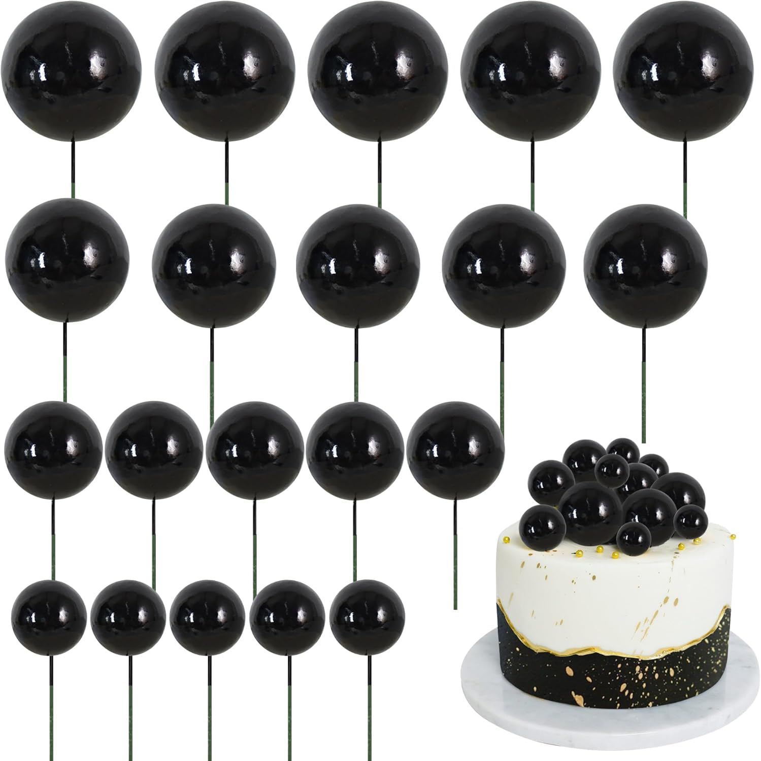 RIBBOOO 20 Pcs Ball Cake Toppers Insert Balls Cake Decorations Foam Balls Cake Toppers DIY Cake Ornament for Birthday Baking Baby Shower Anniversary and Wedding Party (black)