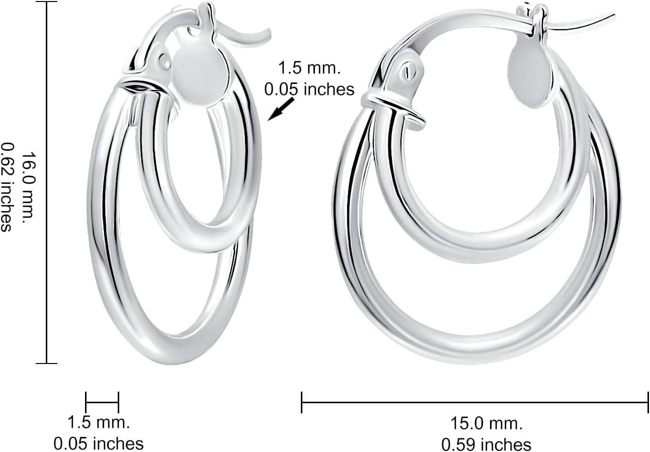 Hoops & Loops 925 Sterling Silver Double Circle Round-Tube Polished Click-Top Hoop Earrings for Women, 15mm