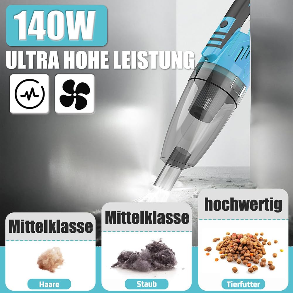 Handstaubsauger 10000Pa,Ersatz für Makita 18V Akku,Mini Handstaubsauger Auto 140W,Bürstenloser Motor,mit 2X 3.0AH Akku und Waschbar HEPA-Filter,für Auto Haus Büro, Tierhaare