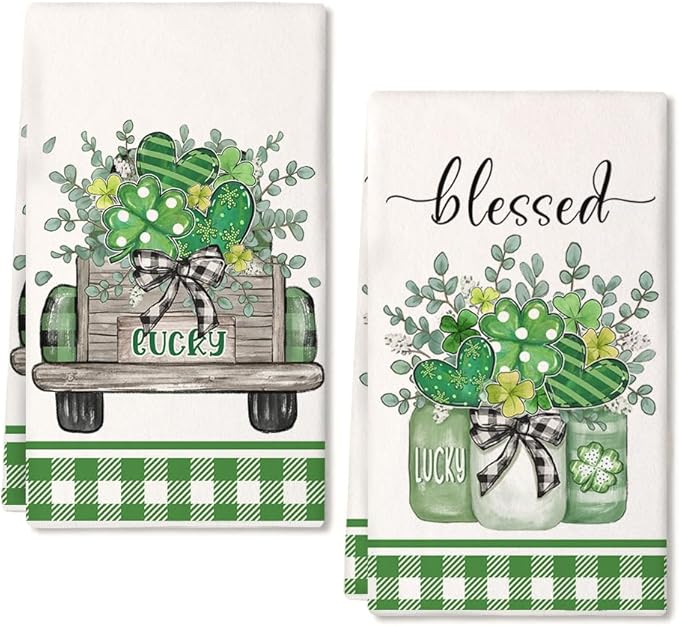 St. Patrick s Day Kitchen Towels Set of 2 Green Shamrock Truck Dish Towels