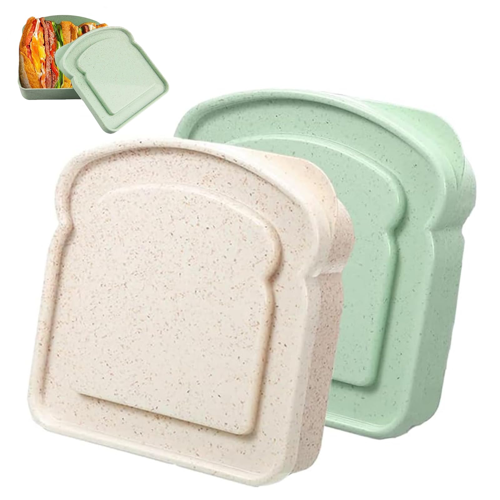 2 Pcs Sandwich Containers for Lunch Boxes, Reusable Plastic Toast Shape Food Storage Sandwich Container with Lid, Microwave & Dishwasher Safe, BPA Free, for Family Adults(Green & White)