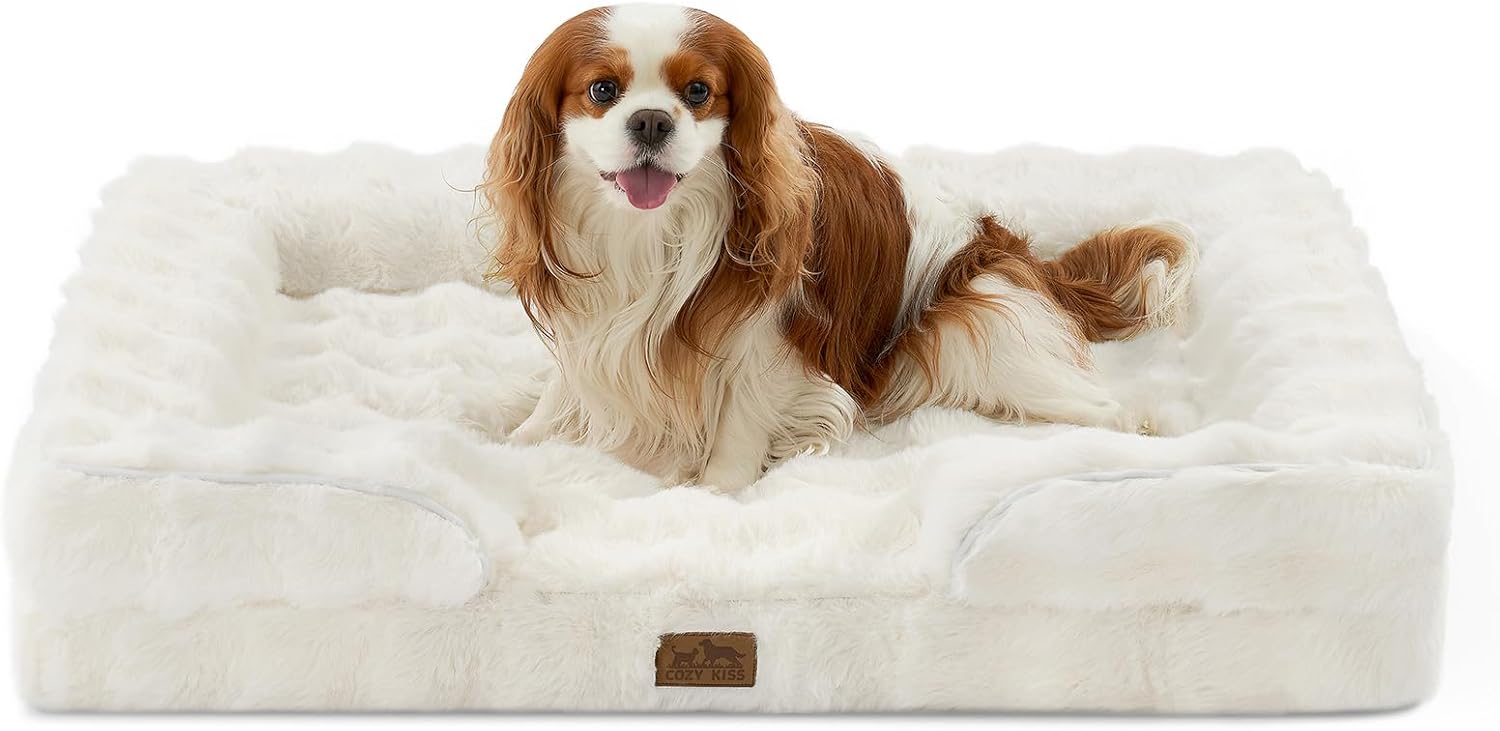 Orthopedic Dog Bed for Large Medium Size Dog, Soft and Warm Faux Fur Sofa for Pet Up to 75 lbs, Foam Bolster Anti-Slip Couch with Washable Removable Cover, L 36x27x6.5 inch, Beige
