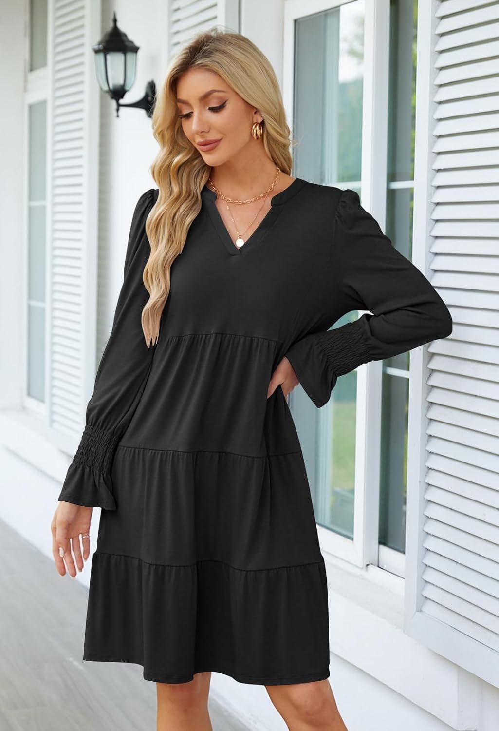 MEROKEETY Women's 2025 Long Sleeve Midi Dress V Neck Flowy Swing Ruffle Tiered Fall Casual Dresses - Image 3