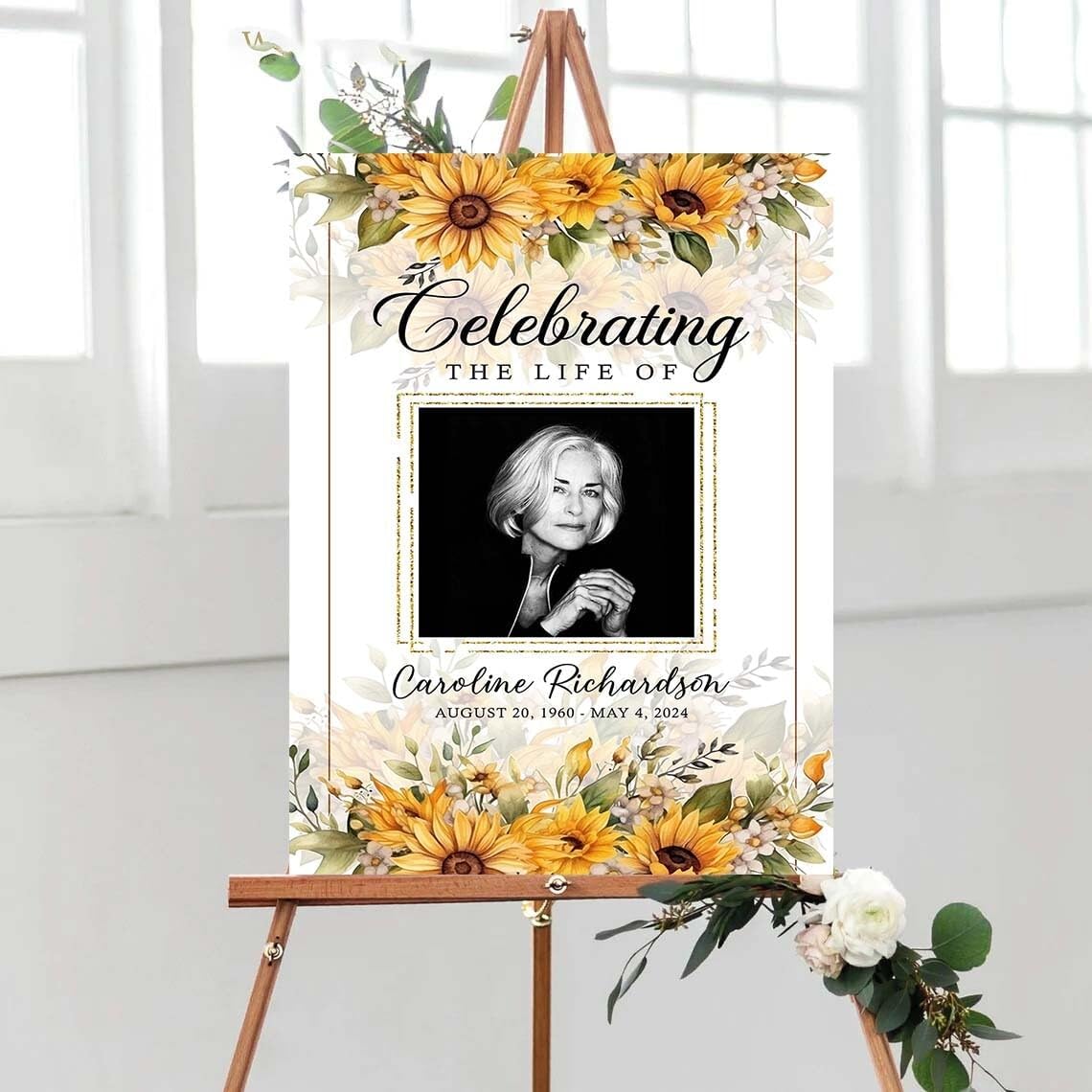 Personalized Funeral Welcome Signs with Photo, Celebration Of Life Yard Sign Custom Memorial Poster Board, Minimalist Greenery Memory Display Outdoor Entrance Tribute Sign #14