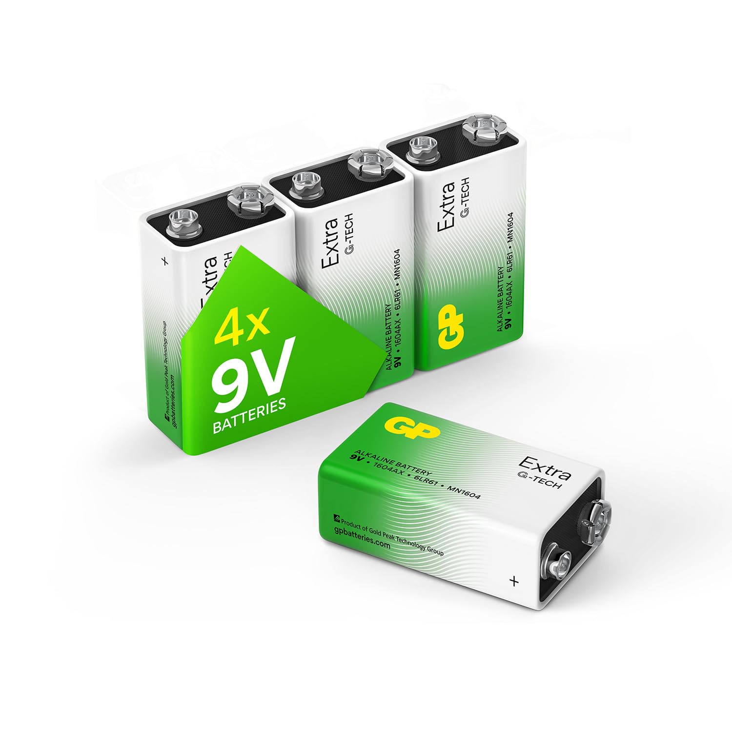 Batteries 9 Volt (9V) Pack of 4 PP3 - MN1604 – 6LR61 – 6LF22 by GP Batteries 9V Extra Alkaline Batteries ideal for: Toys/Remote controls/Radio’s/Smoke Detectors