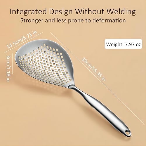 Miniatura 6 de GREATLINK Colador grande de acero inoxidable con mango cómodo y agujeros para colgar, cuchara de filtro de grado alimenticio, colador de acero