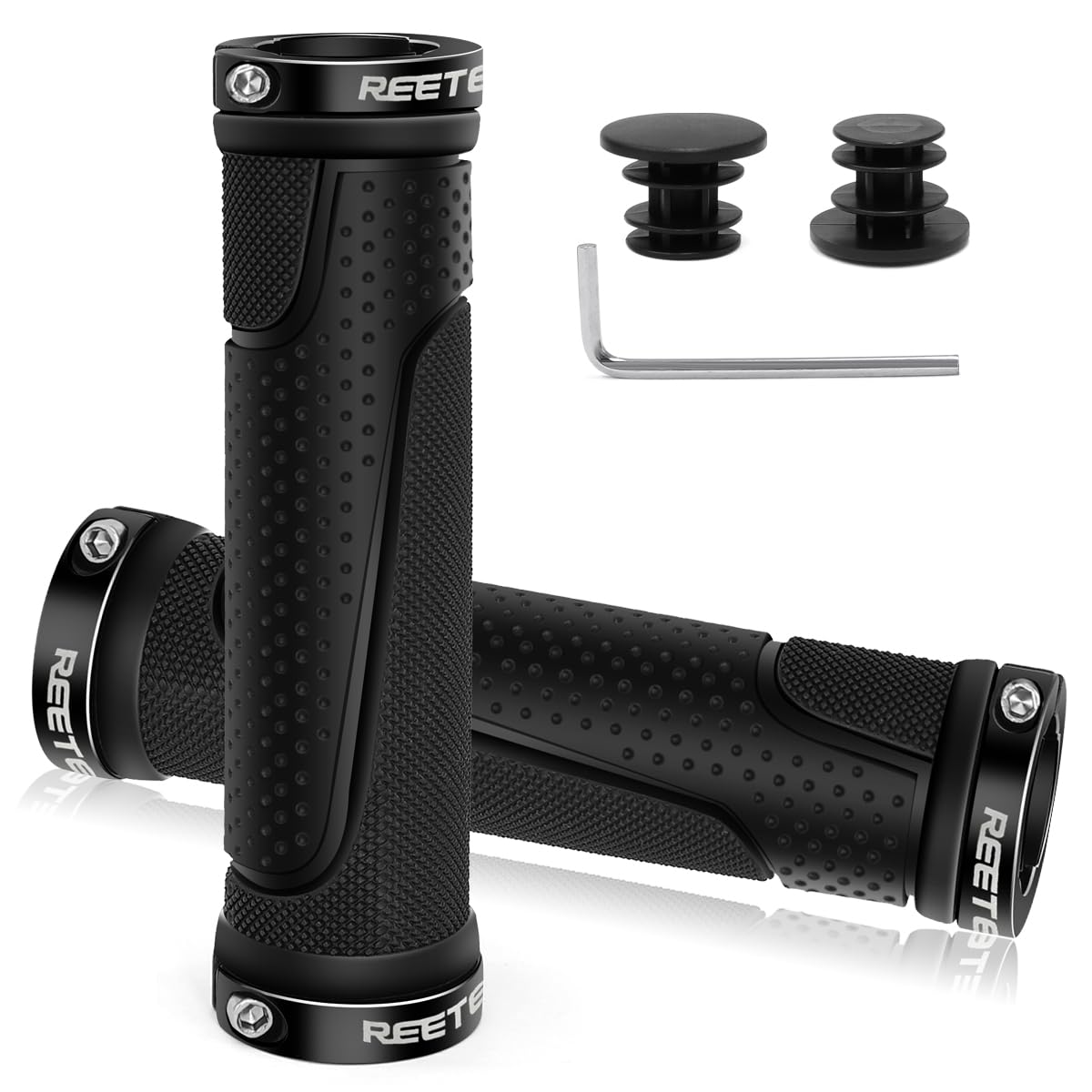 REETEE Uchwyty rowerowe, antypoślizgowe uchwyty na kierownicę rowerową, ergonomiczne uchwyty MTB, dwa końce, aluminiowe, do rowerów górskich/skuterów MTB, 22,2 mm, czarne (130 mm + 130 mm)