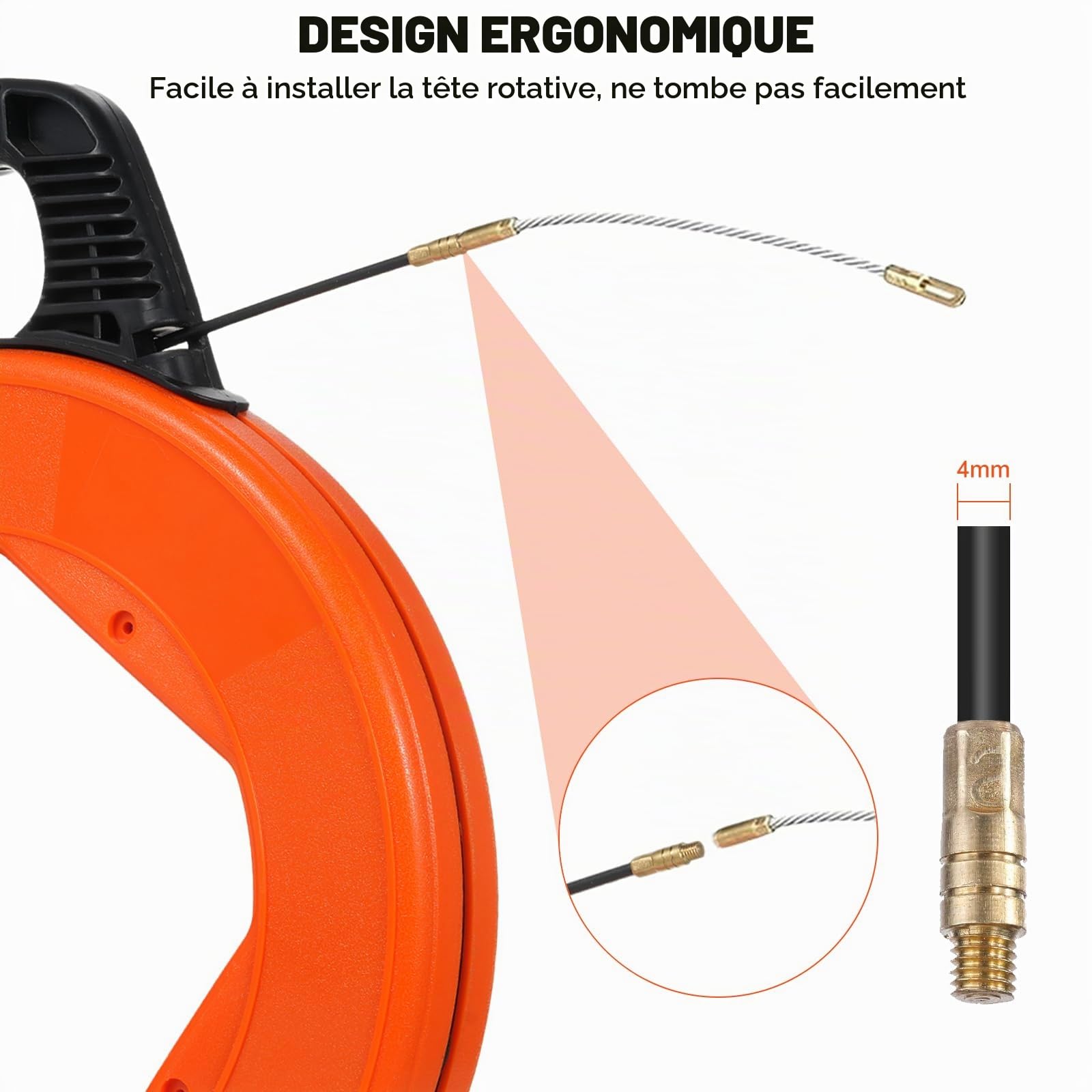 Aiguille Electricien 30M, 4mm Tire Fils Electrique, Avec 6 Adaptateurs pour Aiguille Tire Fil, Tire Cable Avec Boîtier en Plastique et Poignée pour Travaux électriques, Résistant à la Flexion