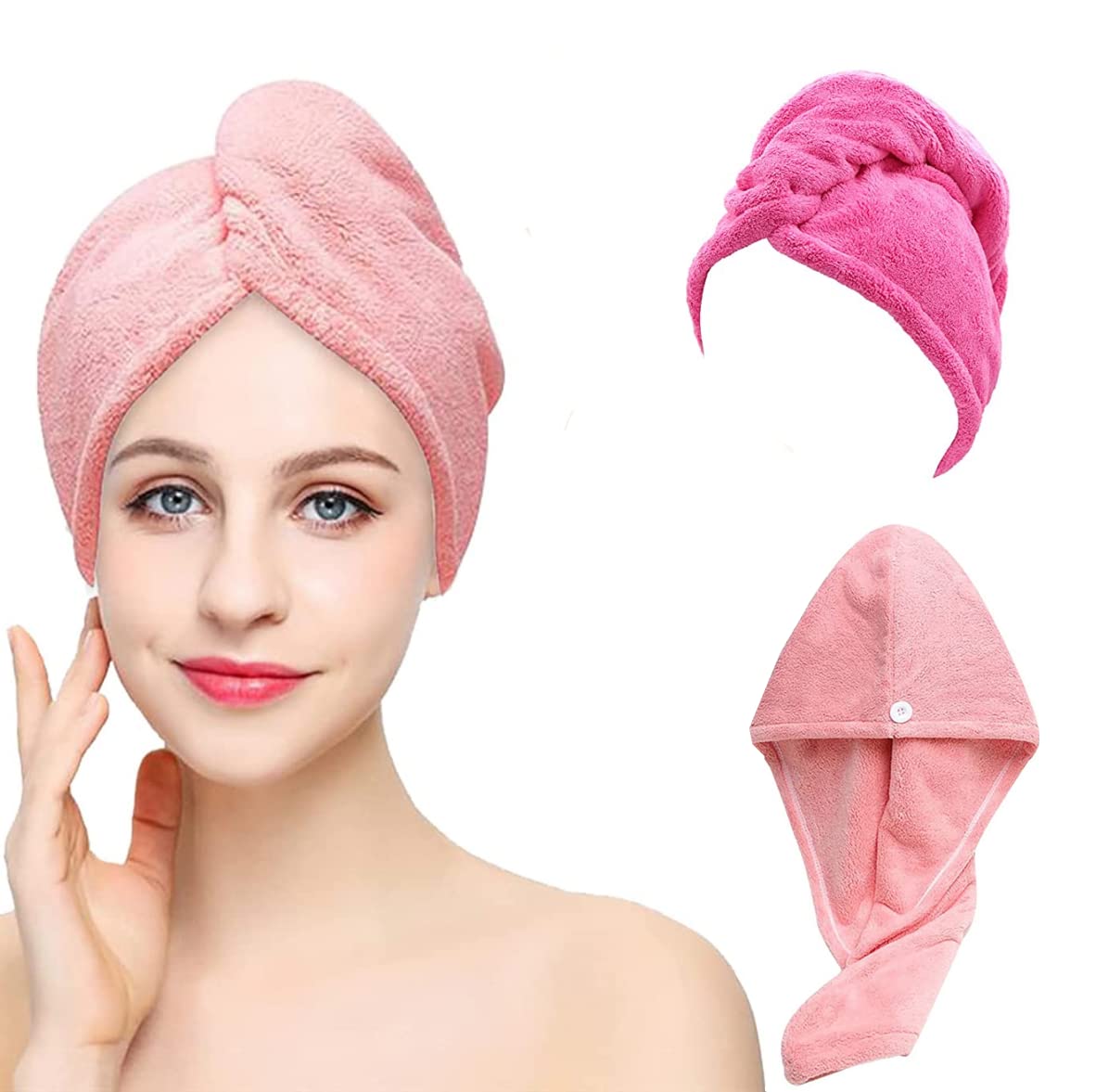 SKY-TOUCH 2 Pack Hair Drying Towels, Microfiber Hair Dry Cap Absorbent Fast Drying Hair Turbans With Elastic Loop and button, Hair Towel Wrap Quick Dry for Women Wet Hair (Pink, Rose Red)