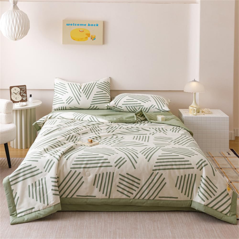 Mateju Bettüberwurf Tagesdecke de Gesteppt, Baumwolle Tagesdecken Überwurf Atmungsaktive Leicht Dünn Sommerdecke,Steppdecke Weich Sofaüberwurf,Blumenmuster (Grünes geometrisches Must,200 * 230cm)
