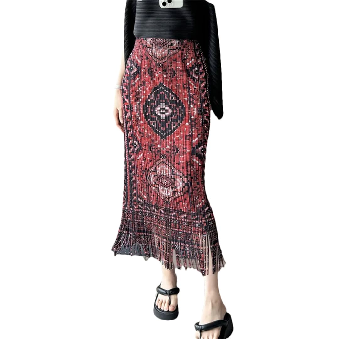 Falda midi con borlas para mujer con estampado de cintura elástica, faldas plisadas vintage