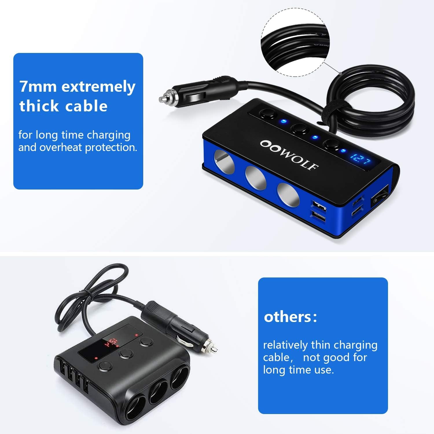 OOWOLF Caricatore Auto QC 3.0 180W 12V/24V Accendisigari con 3 Prese 4 Porte Display LED
