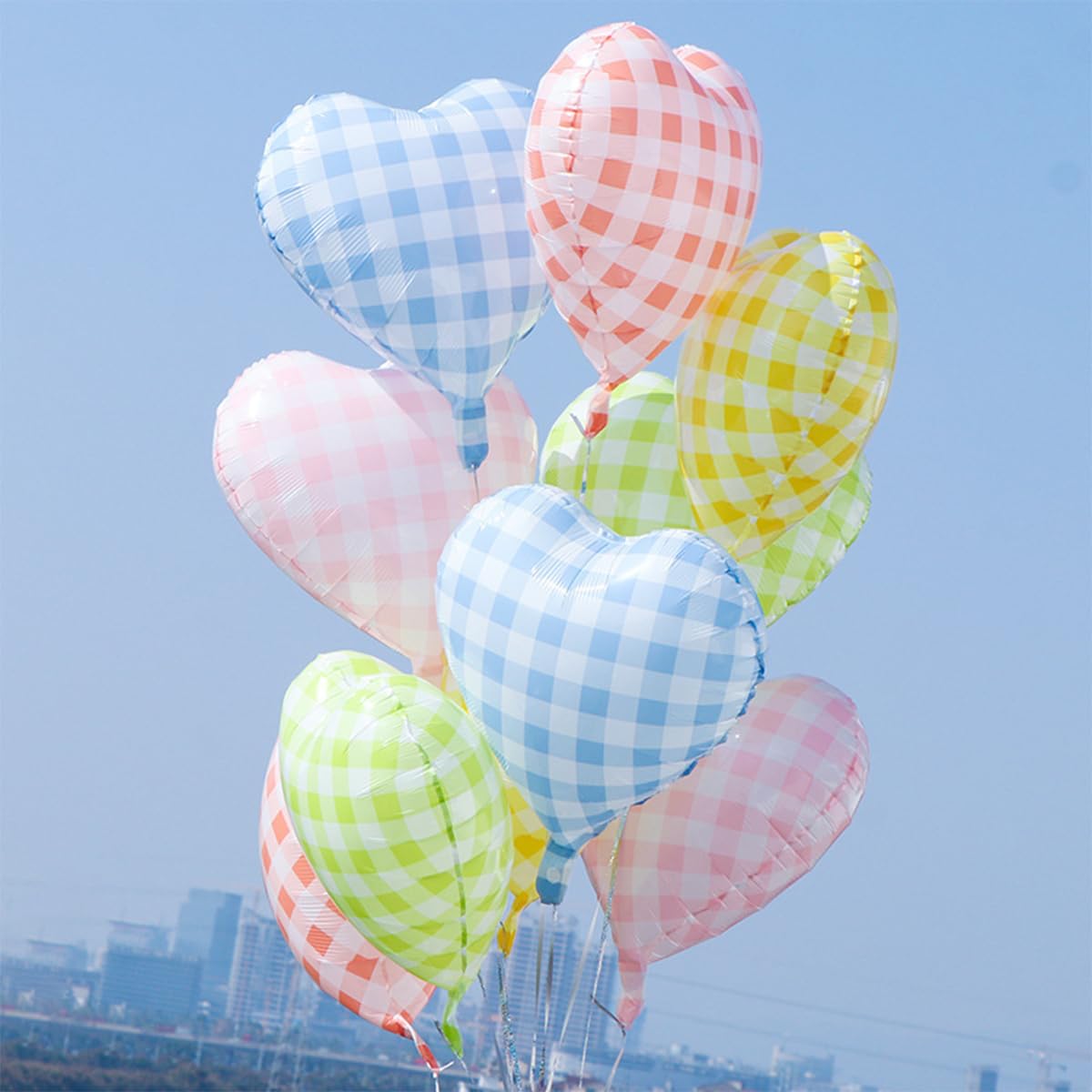 Photo 1 of 10 Pcs Red Pink Heart Grid Balloons 18 Inch Blue Green Yellow Checkered Foil Heart Helium Mylar Balloons for Girls Women Valentines Day Birthday Wedding Baby Shower Bridal Party Decorations