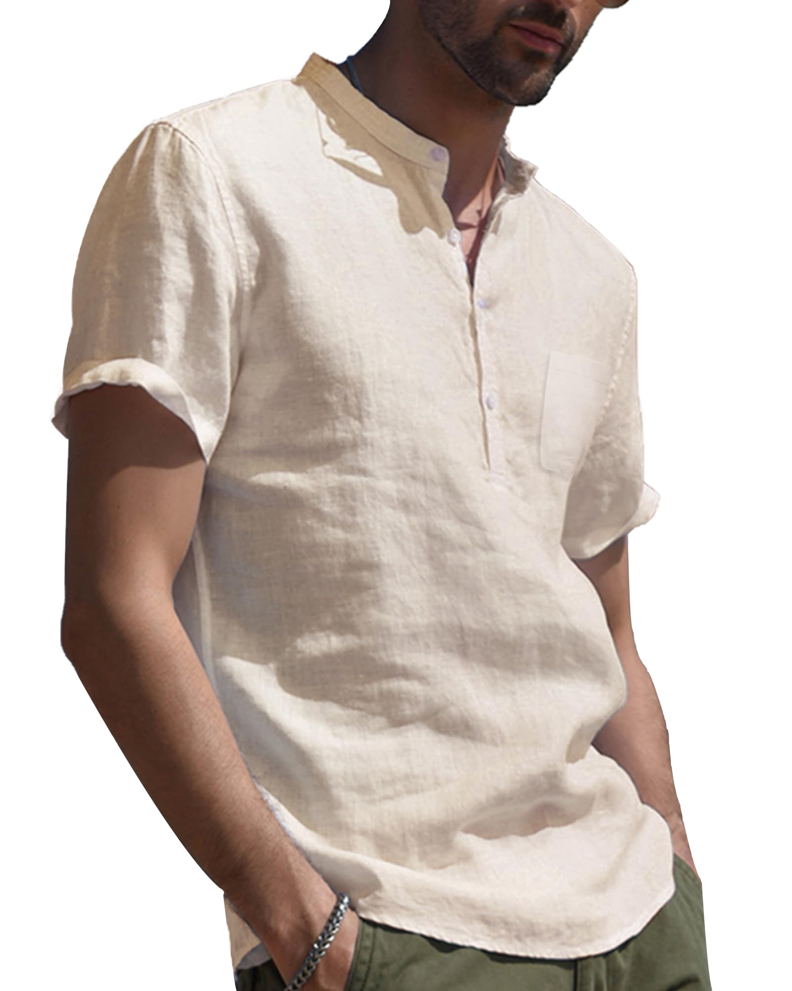 Chemise Lin Homme Manche Courte Shirt for Mens Col Mao Leger en Coton Plage Classique