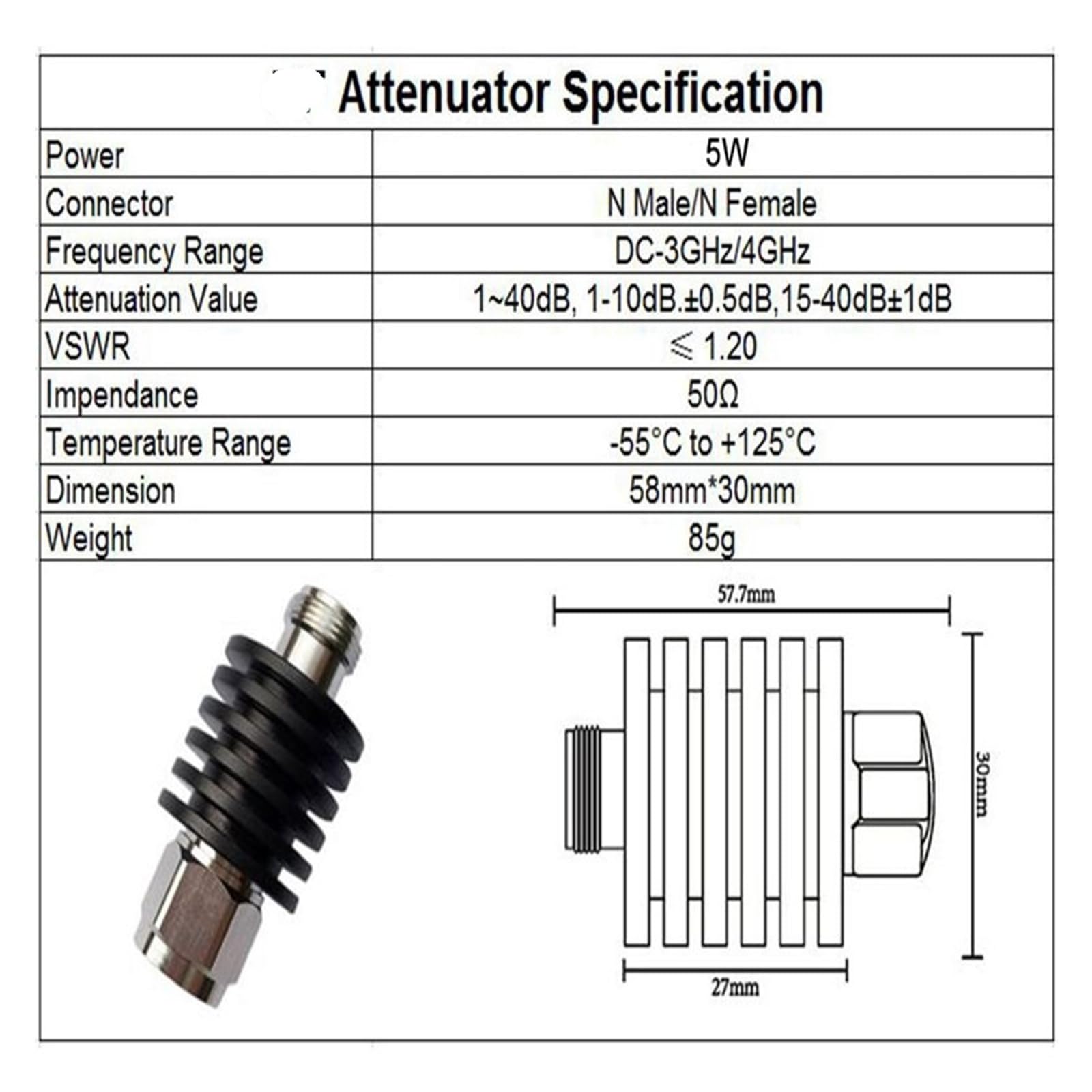 Attenuatore di tipo N da 5 W, alimentatore coassiale maschio-femmina DC-3 GHz/4 GHz, 50 ohm(20db,4G)