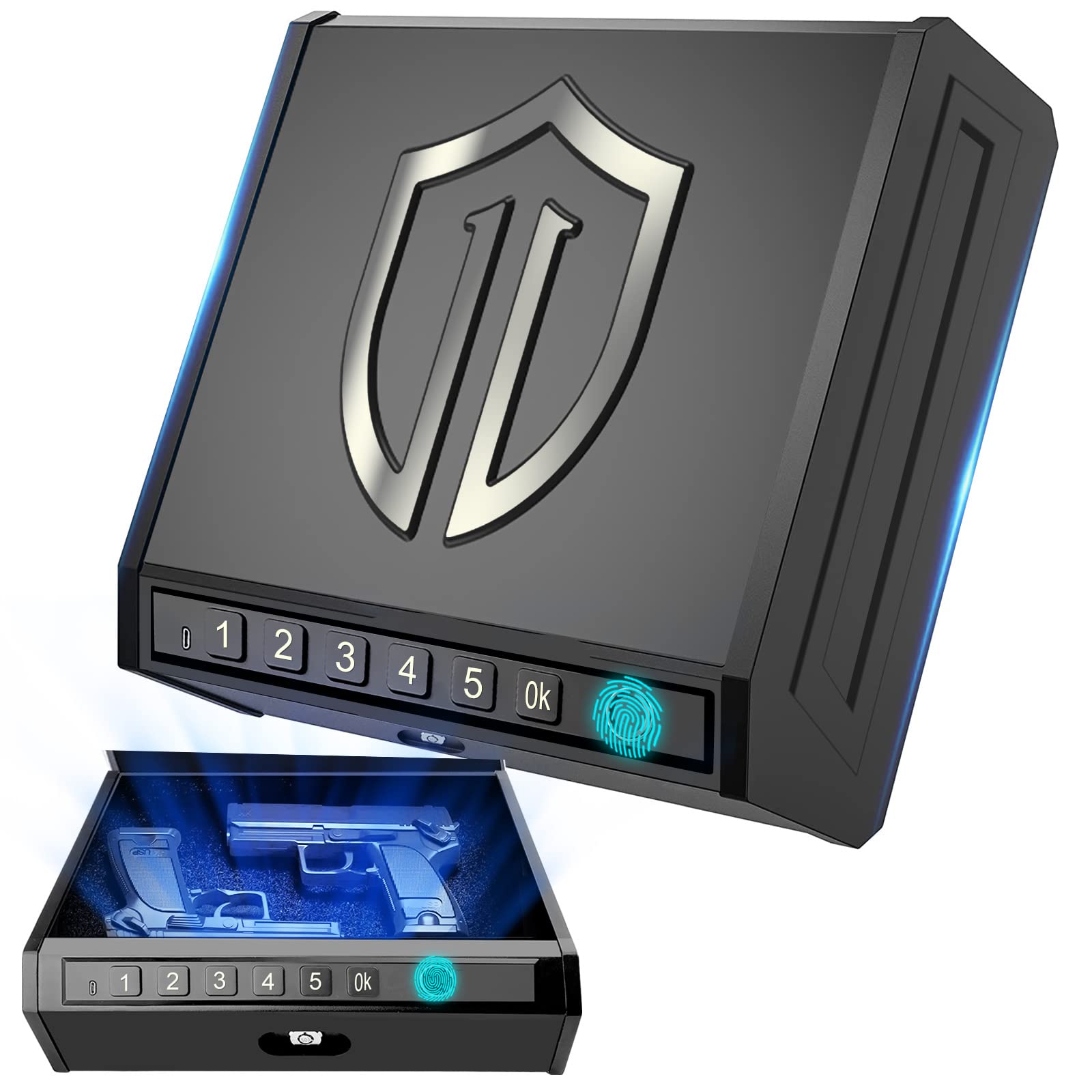 AgoKud Gun Safes for 2 Pistols, Biometric Handgun Safe Quick Access Fingerprint Pistol Safe, 3-ways Unlock Heavy Duty Gun Case for Nightstand