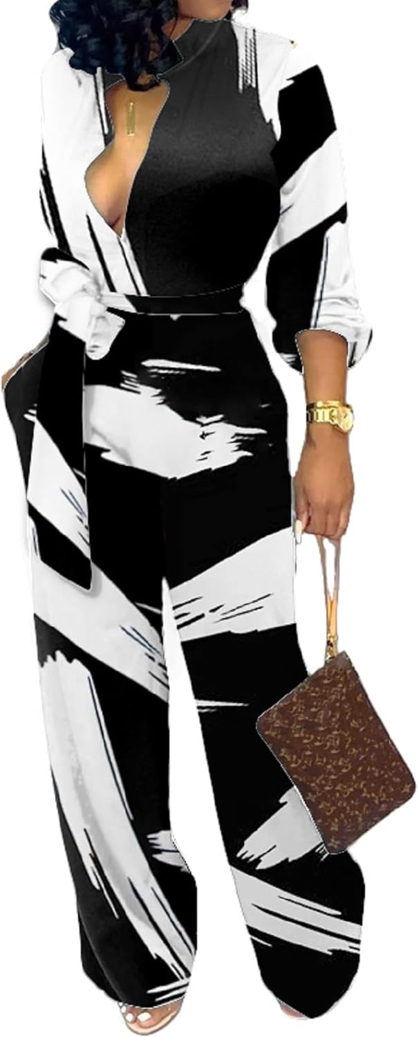 SeNight Women's Jumpsuits Elegant Business Casual Button Down V Neck Long Sleeve Strap Straight Long Pants With Pockets - Image 4