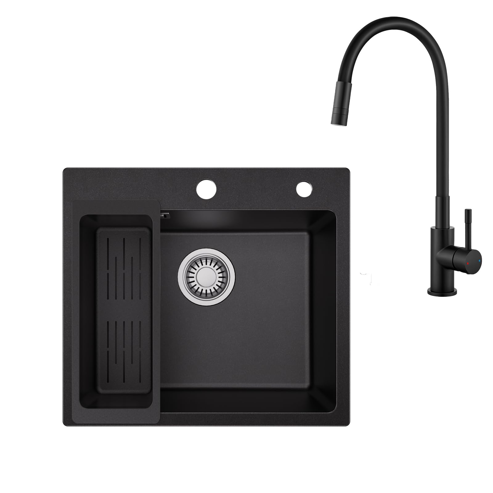 Sofetiy Granitspüle Schwarz 50x45 cm mit Flexibler Küchenarmatur Schwarz Set, Eckige Küchenspüle Einbauspüle mit Ablaufgarnitur & Mischbatterie Edelstahl, Spülbecken Küche