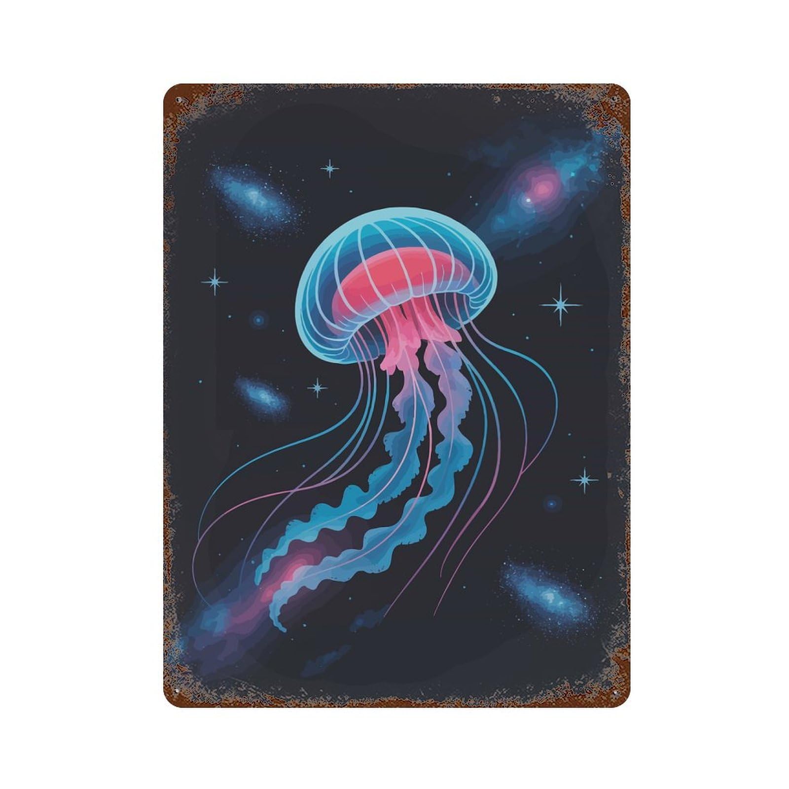 Rusty Metal Tin Sign Cosmic Jellyfish Illustration 15.7"x11.8", Industrial Home Decor for Patio, Garden Room And Bar Decor