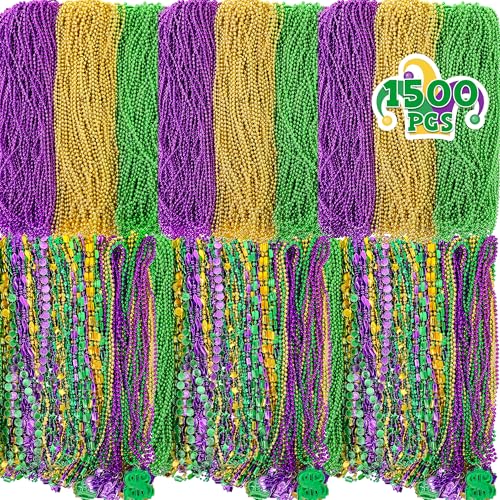 1500PCS Mardi Gras Beads Necklaces, 9 Styles Purple Gold Green Mardi Gras Beads Bulk, Round Coin Crown Mask Dollar Mardi Gras Accessories for Mardi Gras Decorations Parade Throws Party Supplies