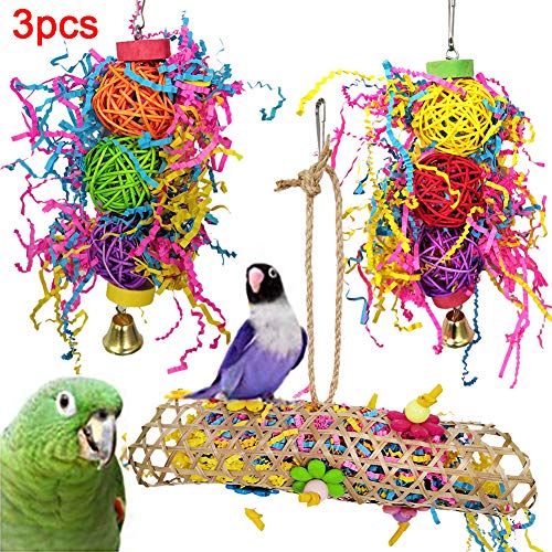 Bird Toy,3Pcs Pet Bird Parrot Bell Rattan Ball Hanging Climbing Cage Bite Chew