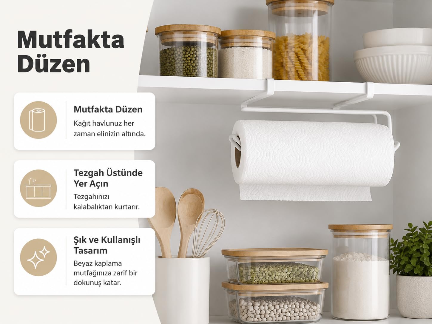 Alper Banyo BPratik Solo Havluluk Beyaz, Dolap Altı Kağıt Havlu Tutucu, Delmeden Montajlı Mutfak Rulo Havluluk, Askılı Metal Düzenleyici