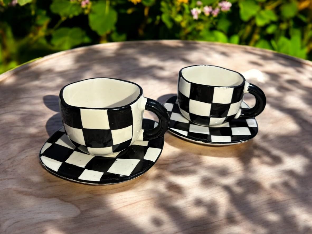 FARIYA Black and White Checkered Tea Cup Set with Saucers, Ceramic