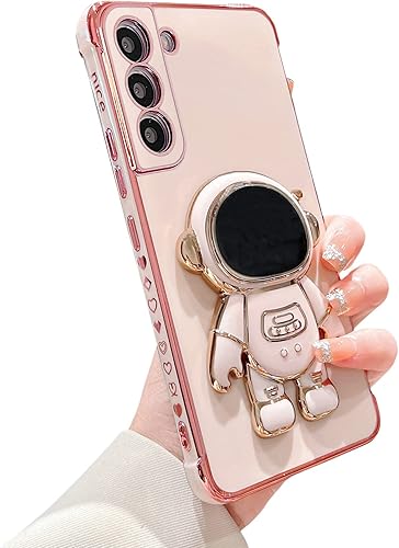 phylla Funda de teléfono para Samsung Galaxy S21 de 6.2 pulgadas, chapado de lujo, bonito soporte de astronauta, con bonito patrón de corazón de