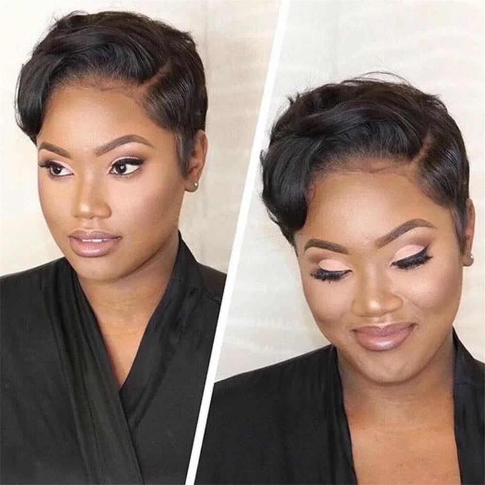Perücken mit ordentlichem Pony für Frauen Gerade Pixie Cut Perücke Echthaar Perücken 13x6x1 Transparent Lace Front Kurze Perücke wellig lockig(Bruin)