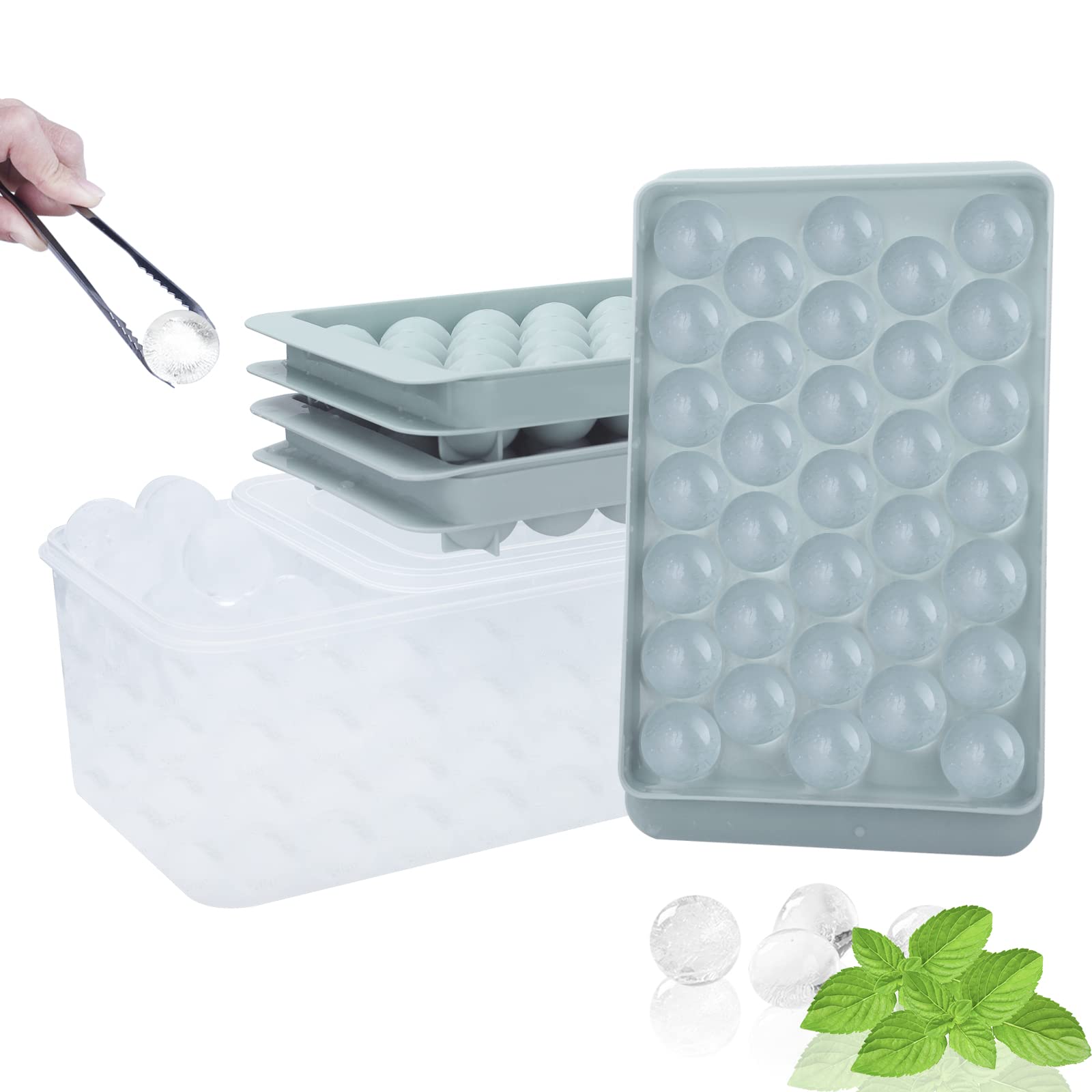 Lamesa Round Ice Cube Trays for Freezer with Cover & Bin, 3 Packs 1In Small Circle Ice Ball Maker Mold, BPA Free Ice Tray for Cocktail & Whiskey (3 Sphere Trays & 1 Container & Ice Tongs) (Blue)