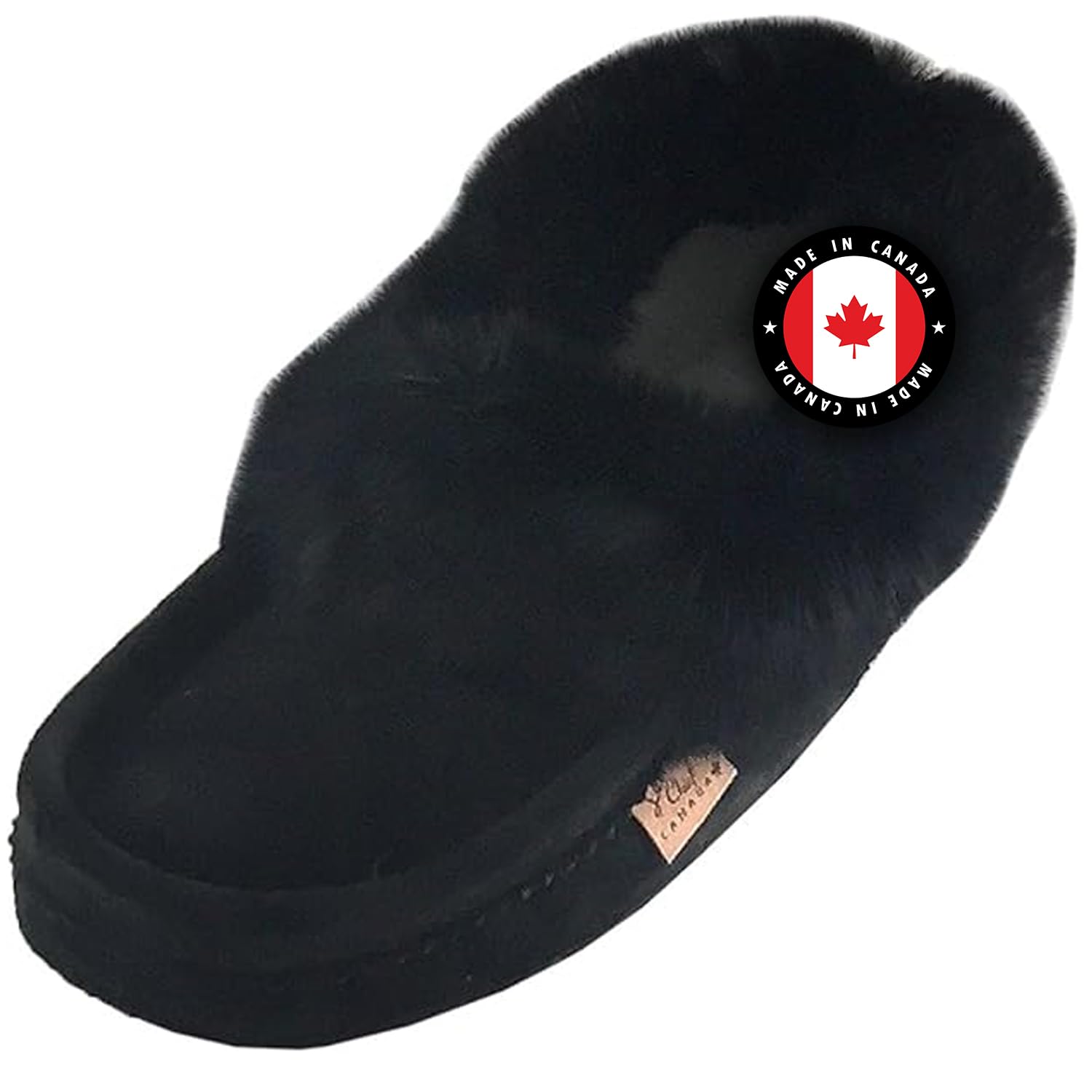 Laurentian Chief Mens Suede with Rabbit Fur Collar Soft Sole Moccasin Slippers for Indoor