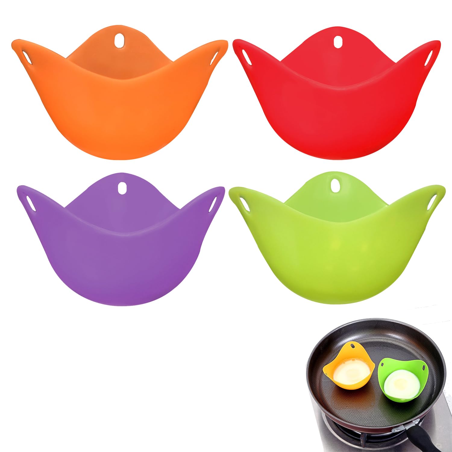 4 PCS Egg Poacher Cups, Silicone Egg Poachers Reusable Poached Egg Maker for Air Fryer Microwave Stovetop & Boiling Water for Easy Release and Cleaning (Red, Green, Purple, Fuchsia)