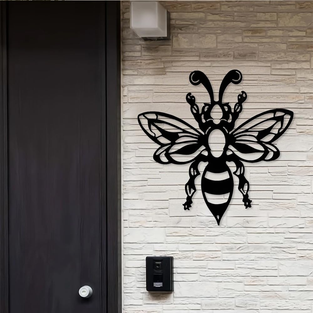 Decoración de pared abstracta contemporánea de metal con diseño de abeja vintage, hierro negro estilo granja, placa colgante para interior/exterior para jardín, patio, sala de estar (50 cm/20 pul