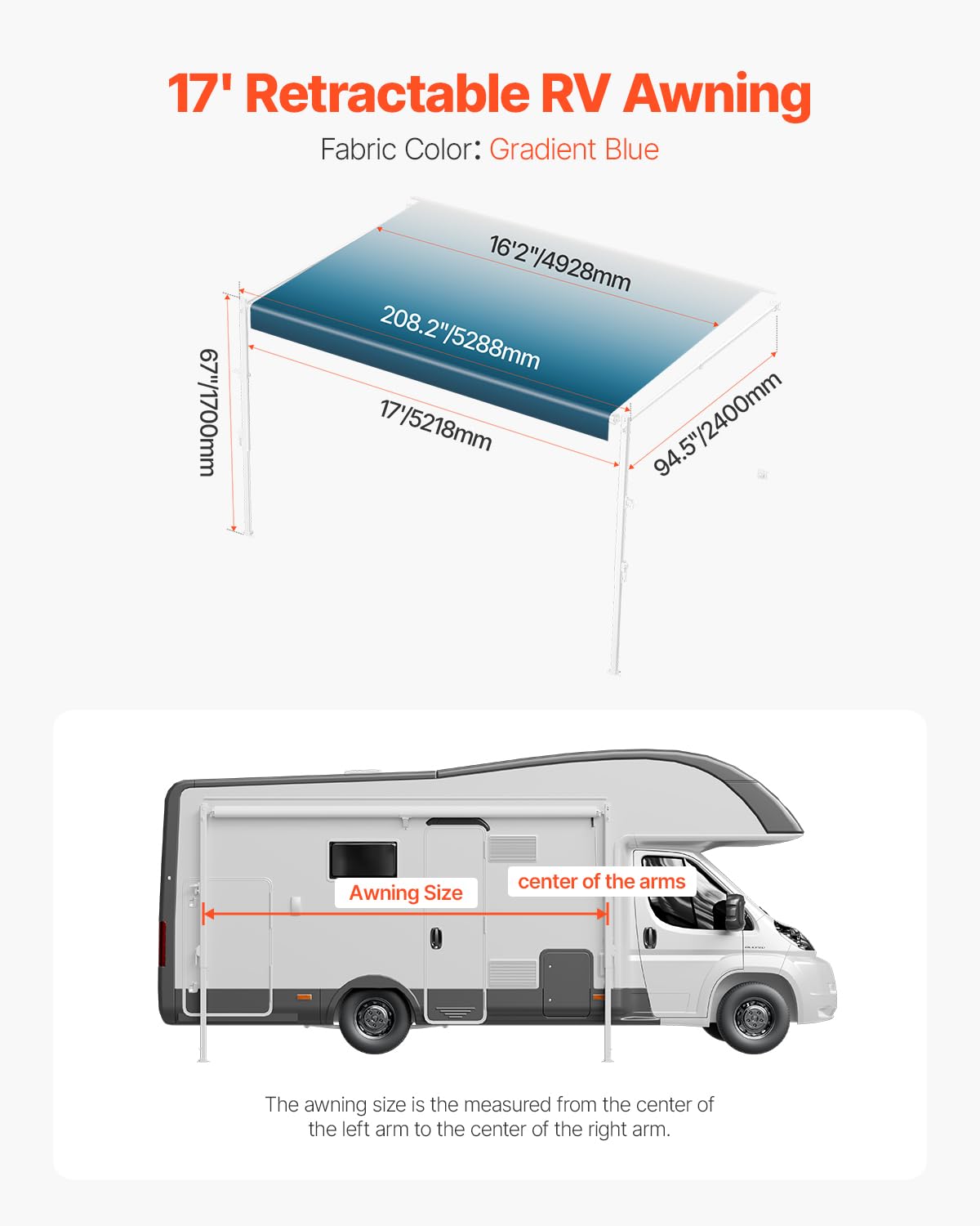 VEVOR Auvent Voiture Camping-Car Caravane Latéral 518 cm, Pare-Soleil Imperméable, Rétractable et Modulaire, en Vinyle avec Cadre en Alliage d'Aluminium, Réglage Manuel, Bleu Dégradé, pour Voiture