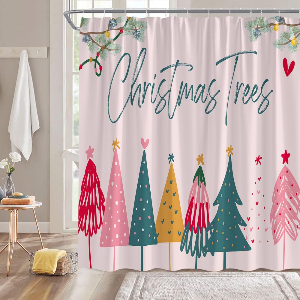 AMHNF Christmas Tree Shower Curtain Green Pink Retro Christmas Tree Star Snowflake Merry Christmas Vintage Rustic Winter Holiday Bathroom Decor Fabric Curtain with Hooks