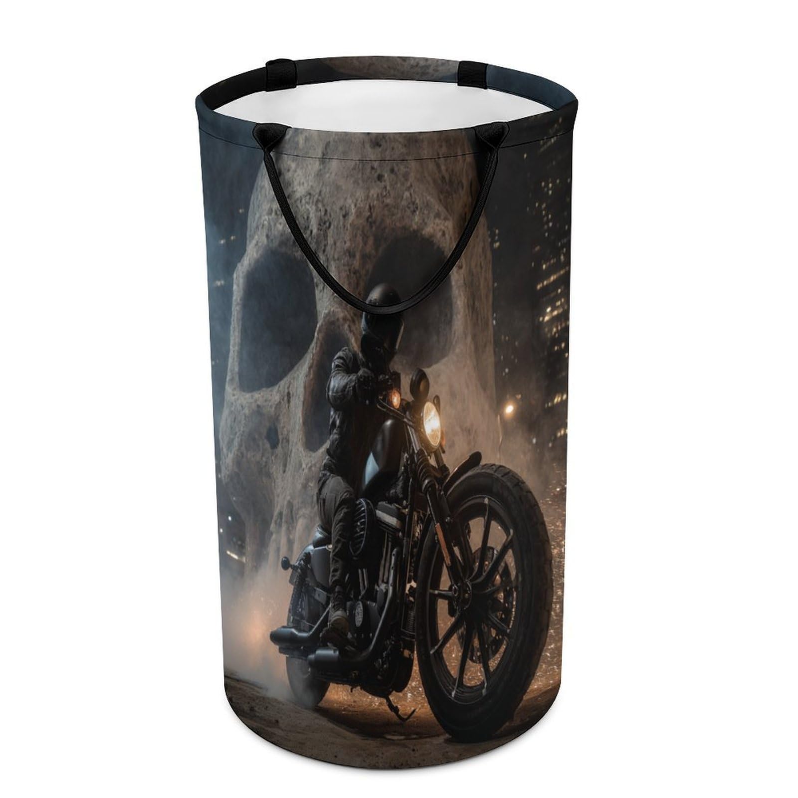 LUYYSKY Spooky Cool Motorbike Rider Collapsible Dirty Clothes Basket, Rustic Vintage Extreme Sports Theme Spooky Skull Skeloton Portable Clothes Storage Basket