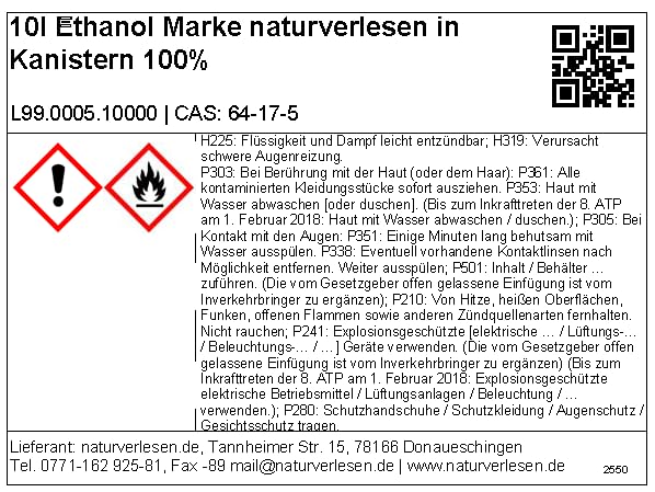 10 l de bioetanol 100% naturverlesen – Calidad de laboratorio probada – Fabricado en Alemania – etanol adecuado para desinfección