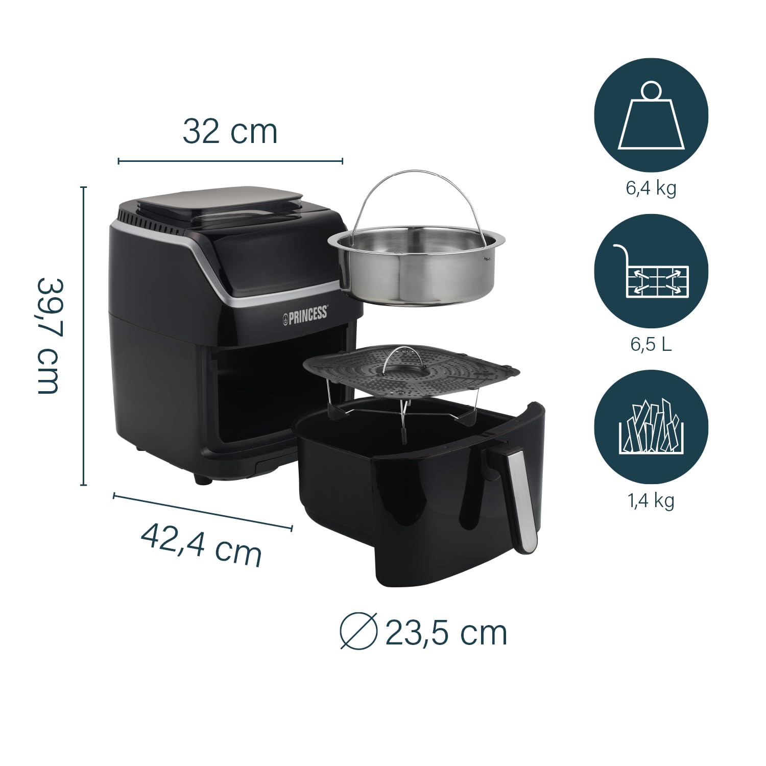 Princess friggitrice ad aria e vaporiera 2 in 1, 62,2% di consumo energetico in meno, volume 6,5 L, 8 programmi, per un massimo di 9 persone, cestello di cottura Ø 23,5 cm, 182080
